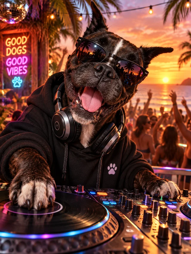 Cesar DJing at a beach party at sunset